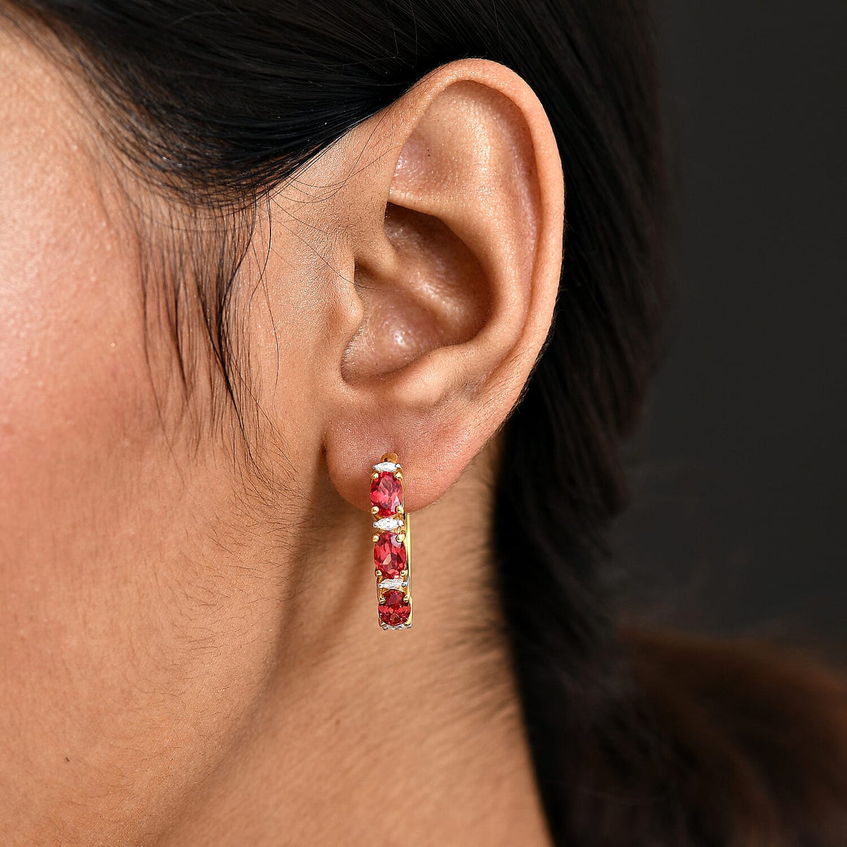 D'Joy Lab Grown Padparadscha Sapphire &amp; Moissanite Full Hoop Earring in 18K Yellow Gold Plating Sterling Silver 3.95 Ct. 8259890 3