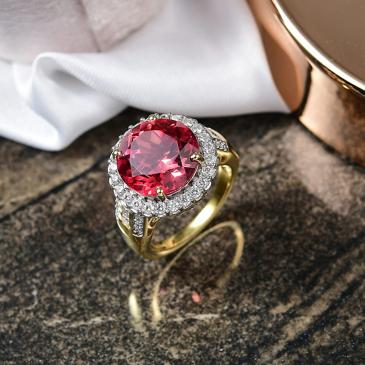 D'Joy Lab Grown Padparadscha Sapphire &amp; Moissanite Ring in 18K Vermeil Yellow Gold Overlay Sterling Silver 10.12 Ct. 8260181 2