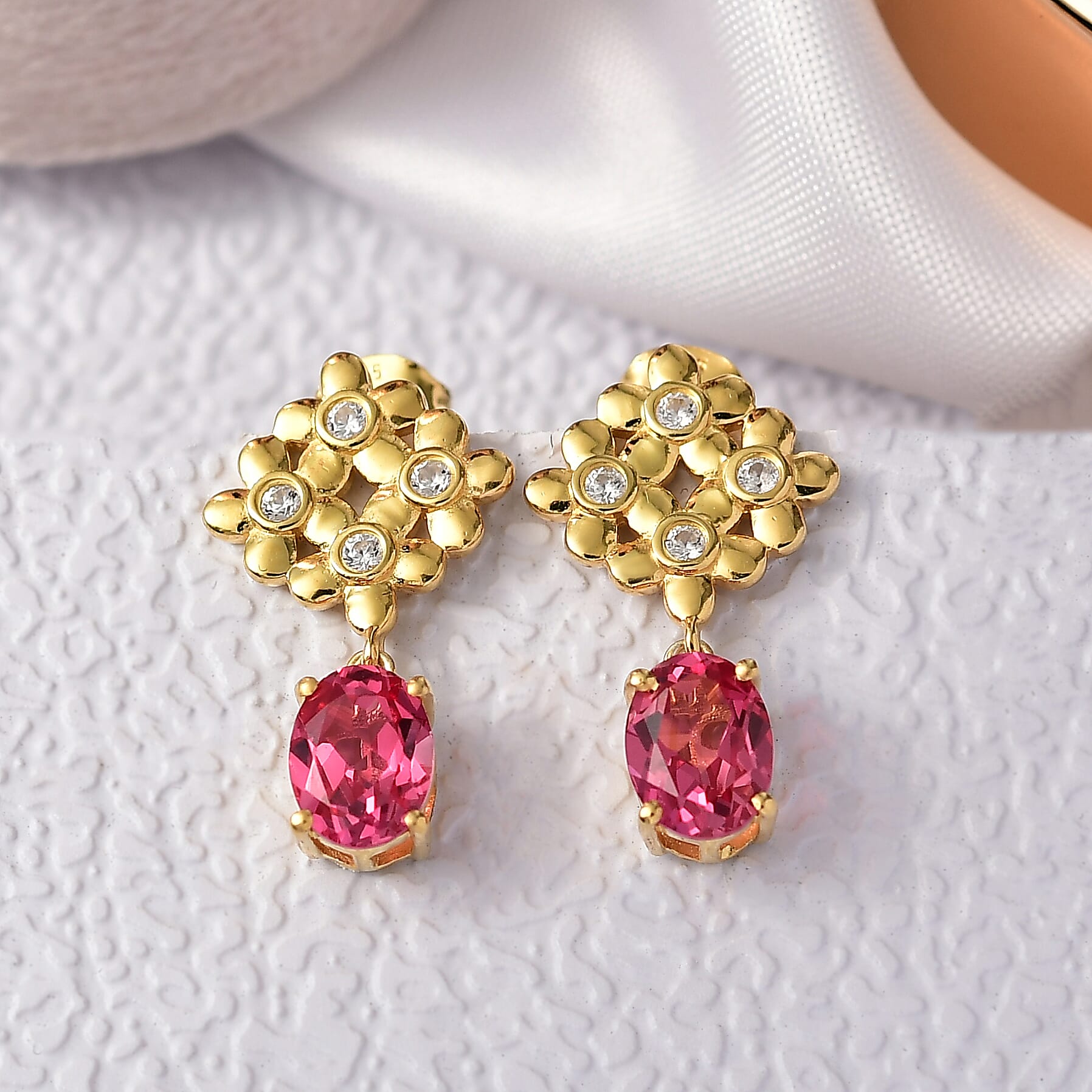 D'Joy Lab Grown Padparadscha Sapphire &amp; White Zircon Earring in 18K Yellow Gold Plating Sterling Silver 5.72 Ct. 8261770 1