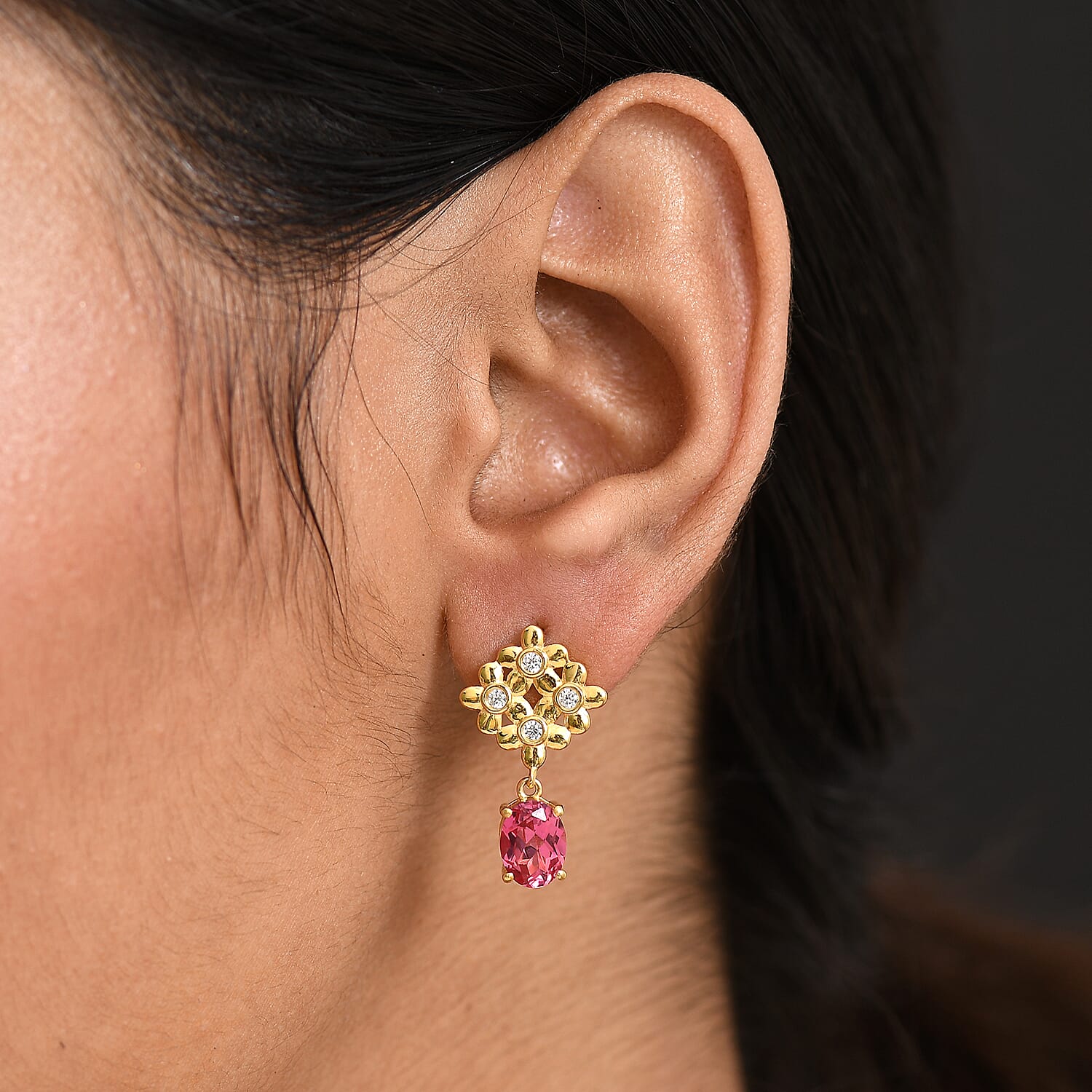 D'Joy Lab Grown Padparadscha Sapphire &amp; White Zircon Earring in 18K Yellow Gold Plating Sterling Silver 5.72 Ct. 8261770 2