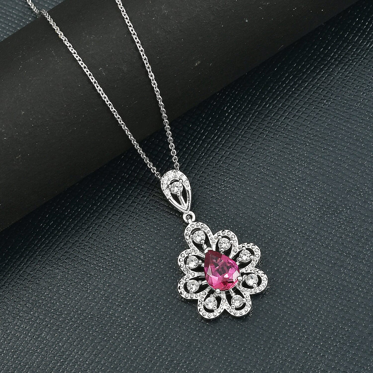 D'Joy Lab Grown Bixbite &amp; White Zircon Pendant with Chain (Size 20) in Platinum Overlay Sterling Silver 1.44 Ct, Silver Wt. 5.09 Gms. 4422219 2