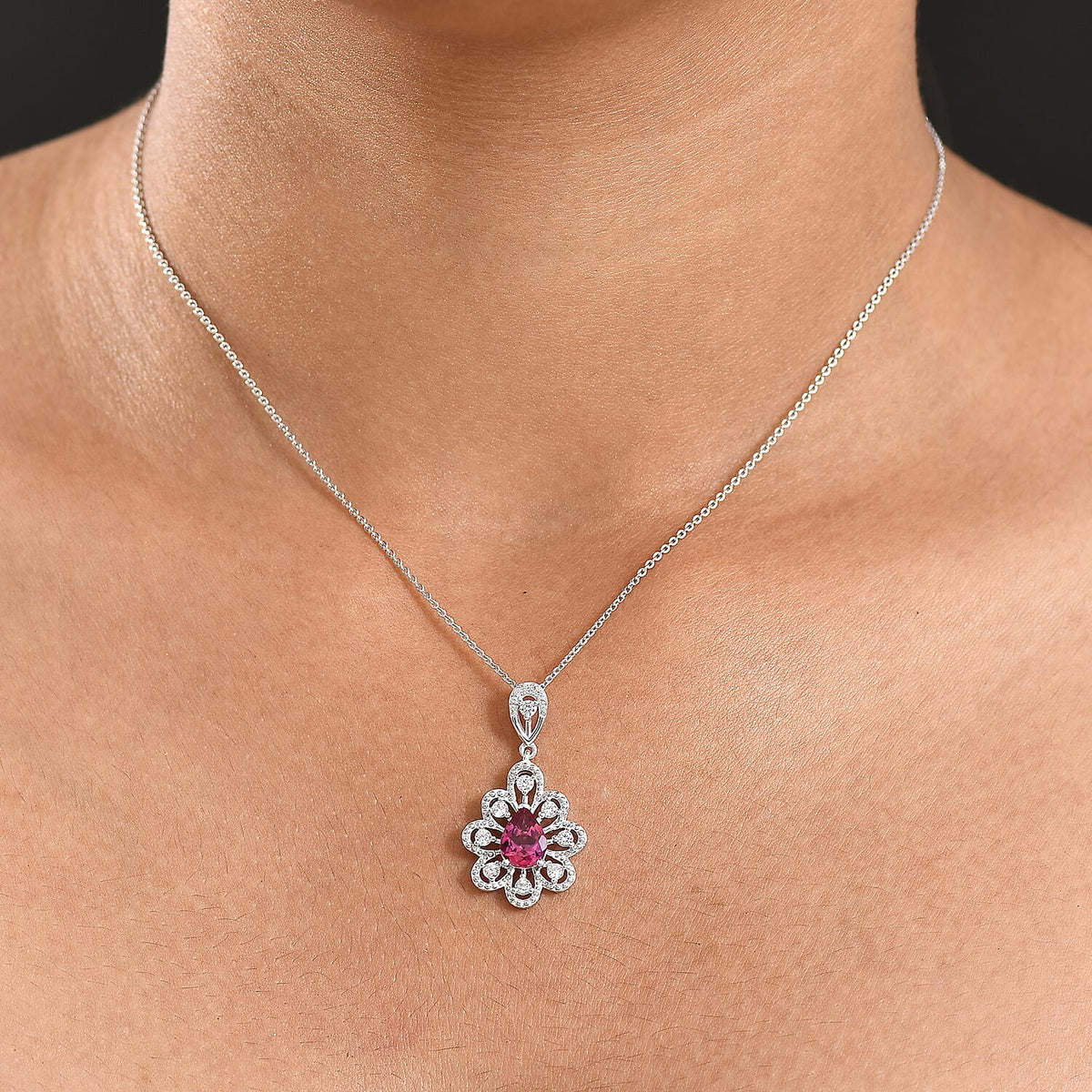 D'Joy Lab Grown Bixbite &amp; White Zircon Pendant with Chain (Size 20) in Platinum Overlay Sterling Silver 1.44 Ct, Silver Wt. 5.09 Gms. 4422219 3