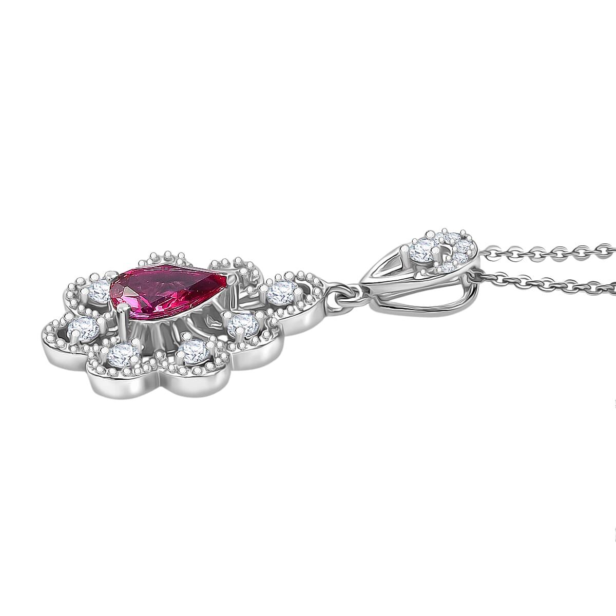 D'Joy Lab Grown Bixbite &amp; White Zircon Pendant with Chain (Size 20) in Platinum Overlay Sterling Silver 1.44 Ct, Silver Wt. 5.09 Gms. 4422219 4