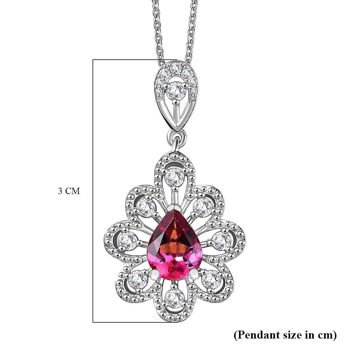 D'Joy Lab Grown Bixbite &amp; White Zircon Pendant with Chain (Size 20) in Platinum Overlay Sterling Silver 1.44 Ct, Silver Wt. 5.09 Gms. 4422219 7