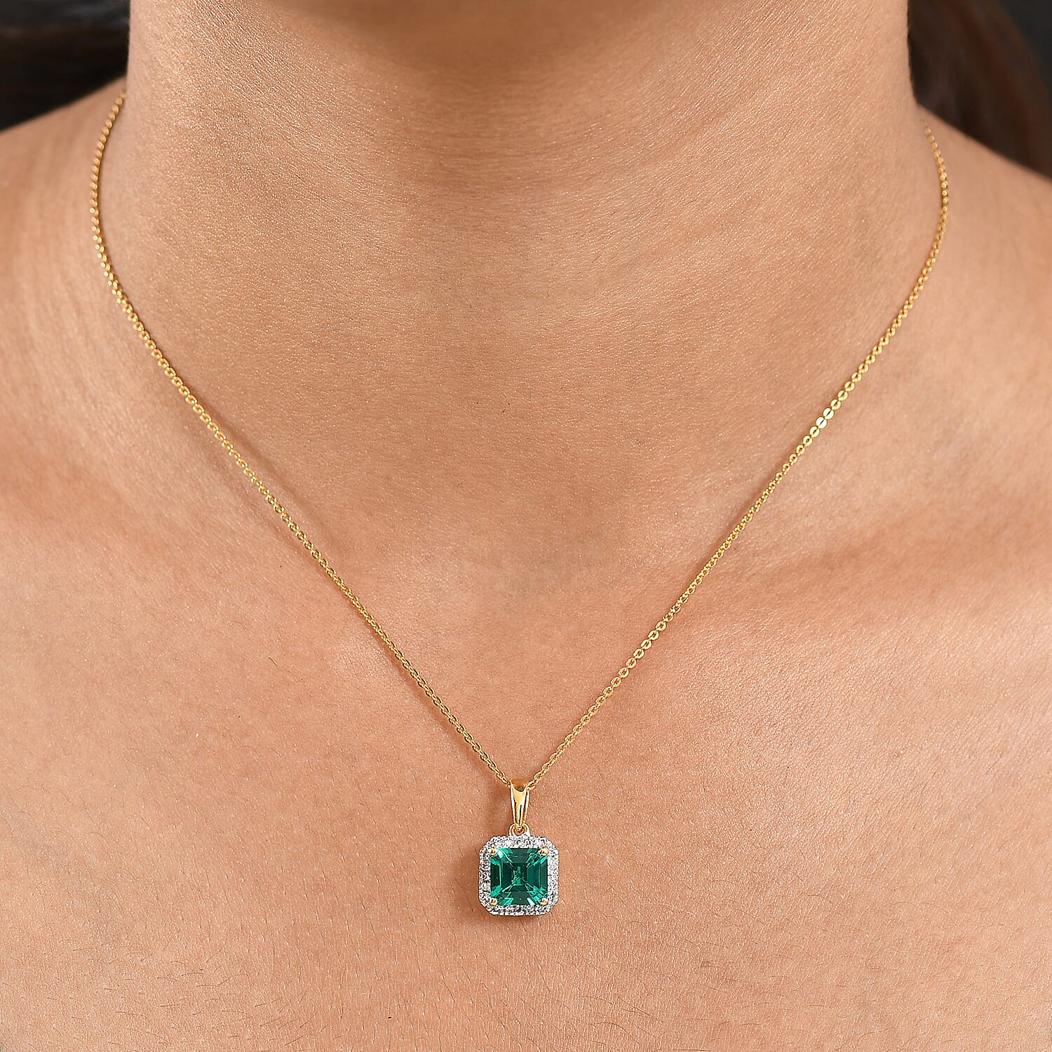 Luxuriant Lab Grown Columbian Emerald &amp; Lab Grown Diamond Pendant in 18K Vermeil Yellow Gold Plated Sterling Silver 1.48 Ct. 8264624 1