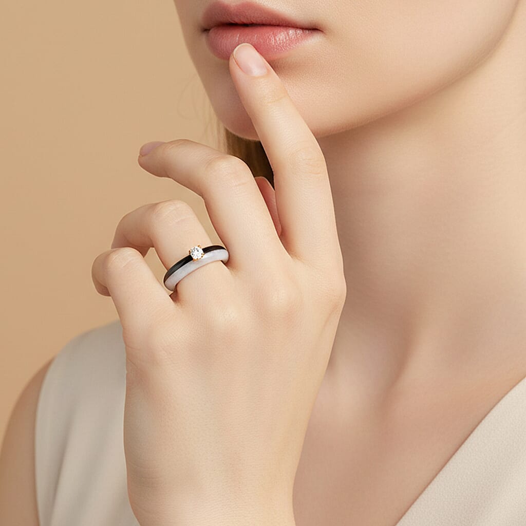 Lab Grown Diamond, Black &amp; Natural White Jade Ring in 18K Vermeil Yellow Gold Plated Sterling Silver 13.50 Ct. (SI-GH) 8426744 3