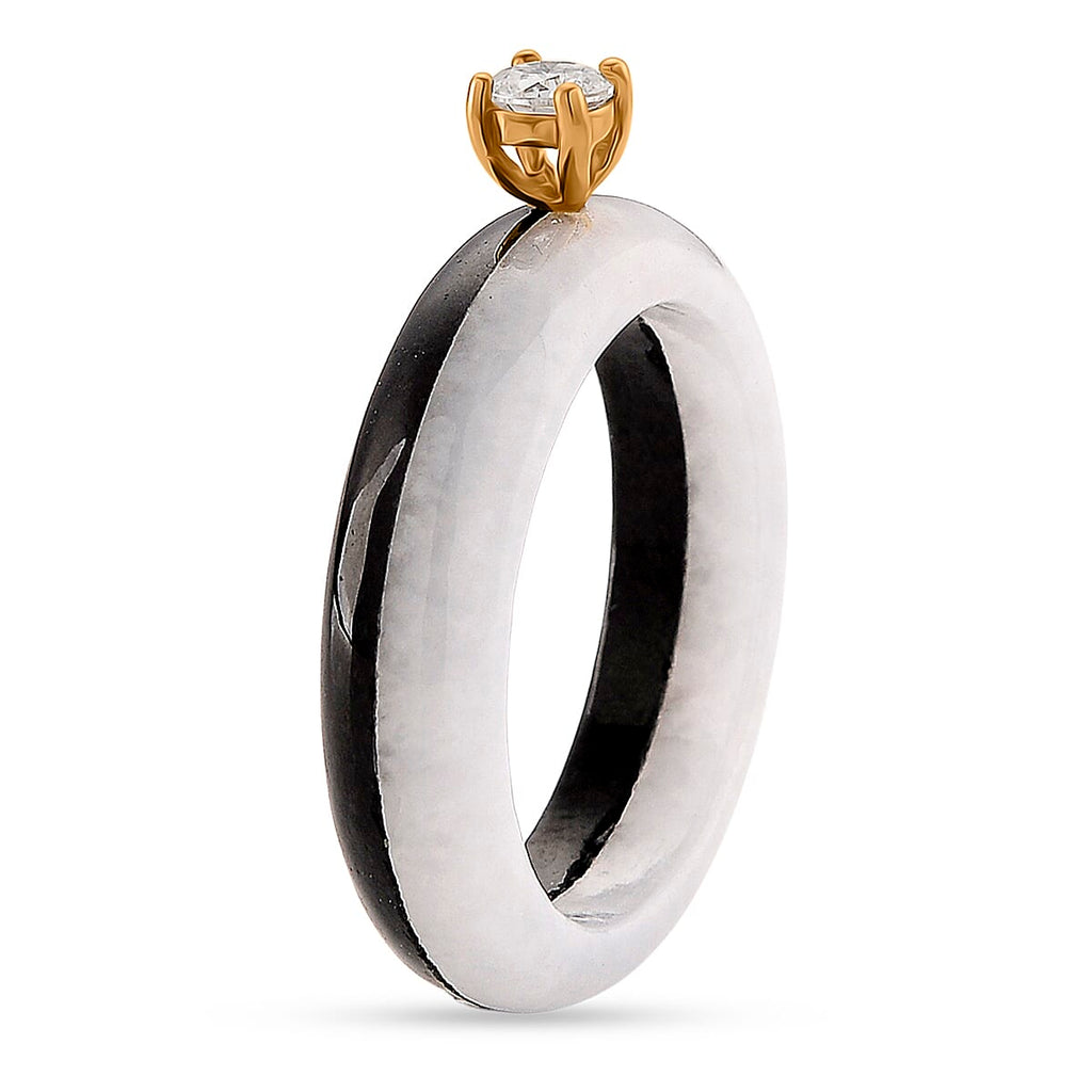Lab Grown Diamond SI-GH (0.50Ct)  & Boots Black & Natural White Jade Ring in 18K Vermeil Yellow Gold Plated Sterling Silver 13.50 Ct.