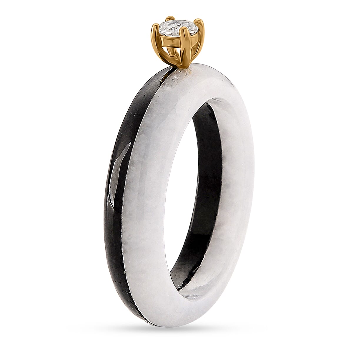 Lab Grown Diamond, Black &amp; Natural White Jade Ring in 18K Vermeil Yellow Gold Plated Sterling Silver 13.50 Ct. (SI-GH) 8426744 4