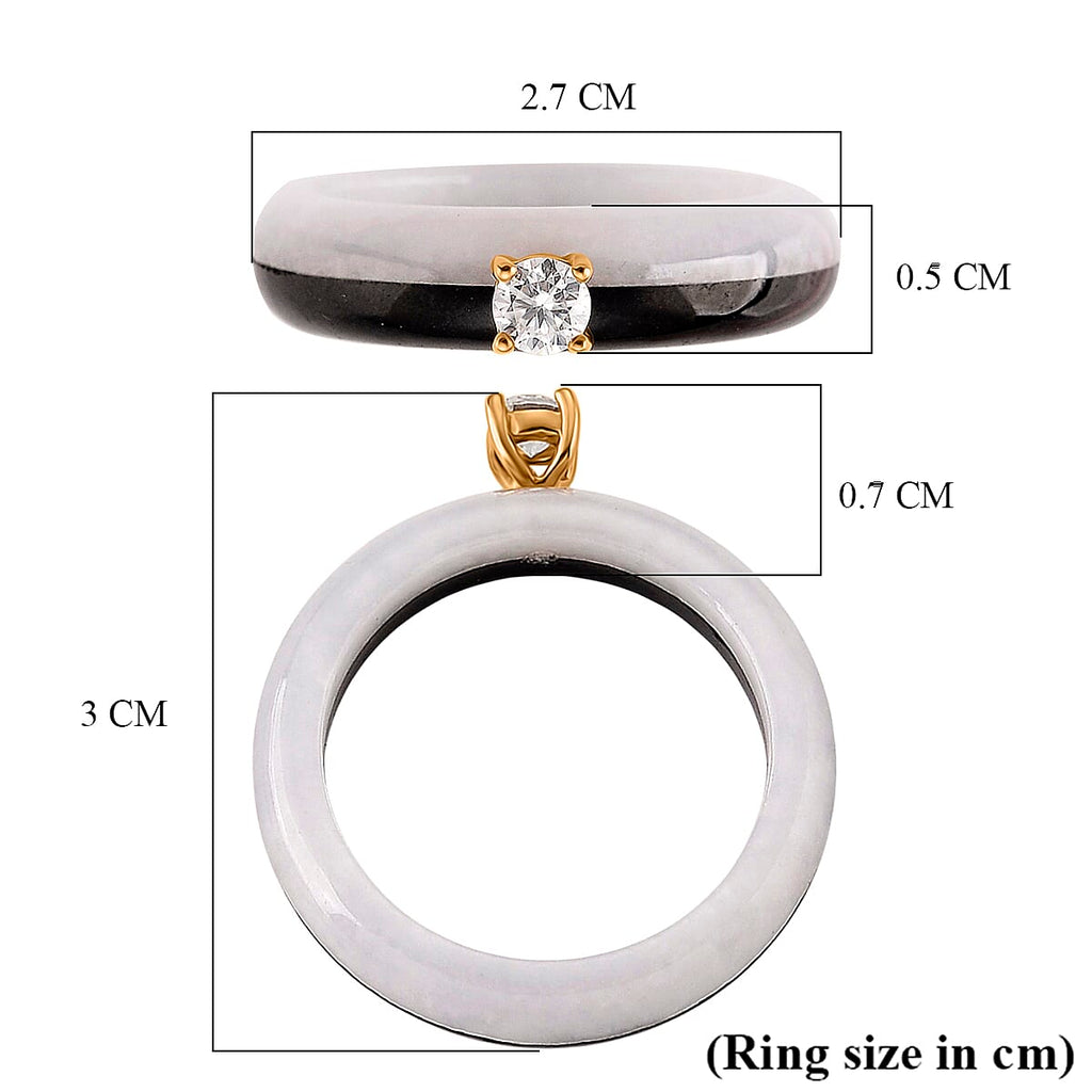 Lab Grown Diamond SI-GH (0.50Ct)  & Boots Black & Natural White Jade Ring in 18K Vermeil Yellow Gold Plated Sterling Silver 13.50 Ct.