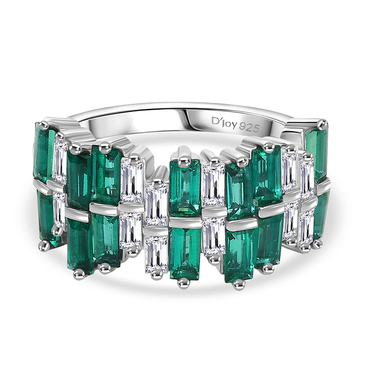 D'Joy 2.5 Ct. Lab Grown Emerald, Moissanite Multi Row Ring in Rhodium Overlay Sterling Silver 8251936 0