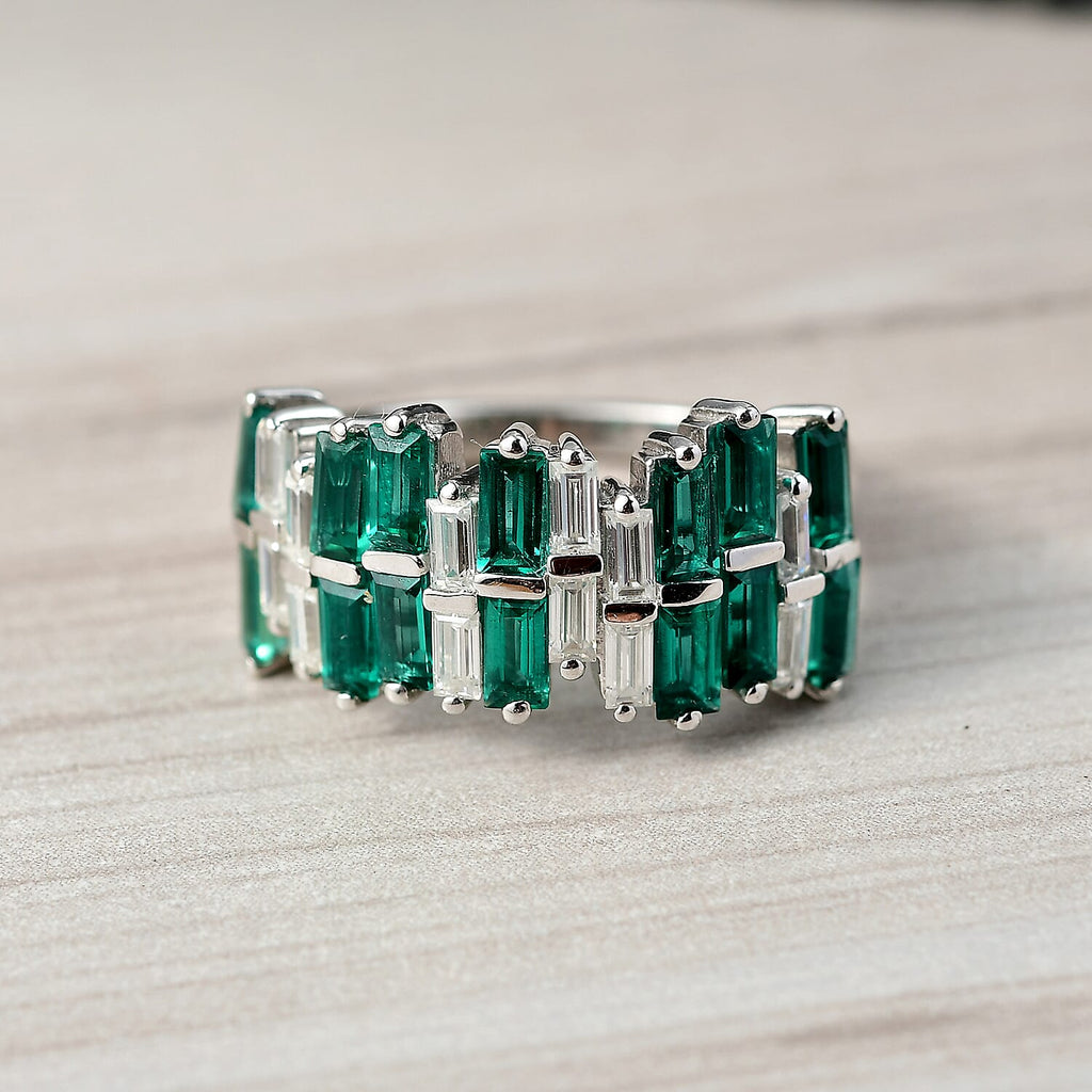 D'Joy Lab Grown Emerald & Moissanite Ring in Rhodium Overlay Sterling Silver 2.50 Ct.