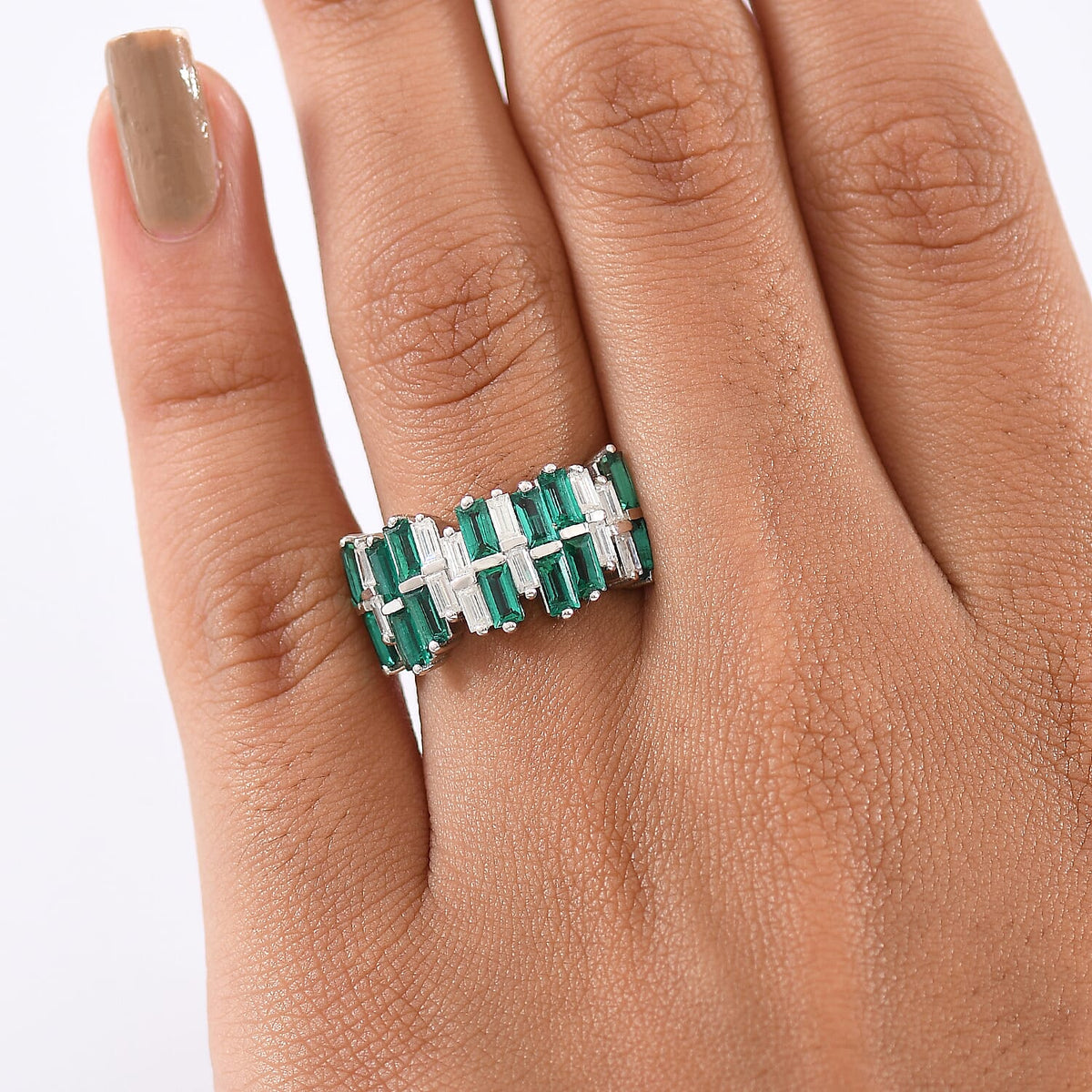 D'Joy 2.5 Ct. Lab Grown Emerald, Moissanite Multi Row Ring in Rhodium Overlay Sterling Silver 8251936 3