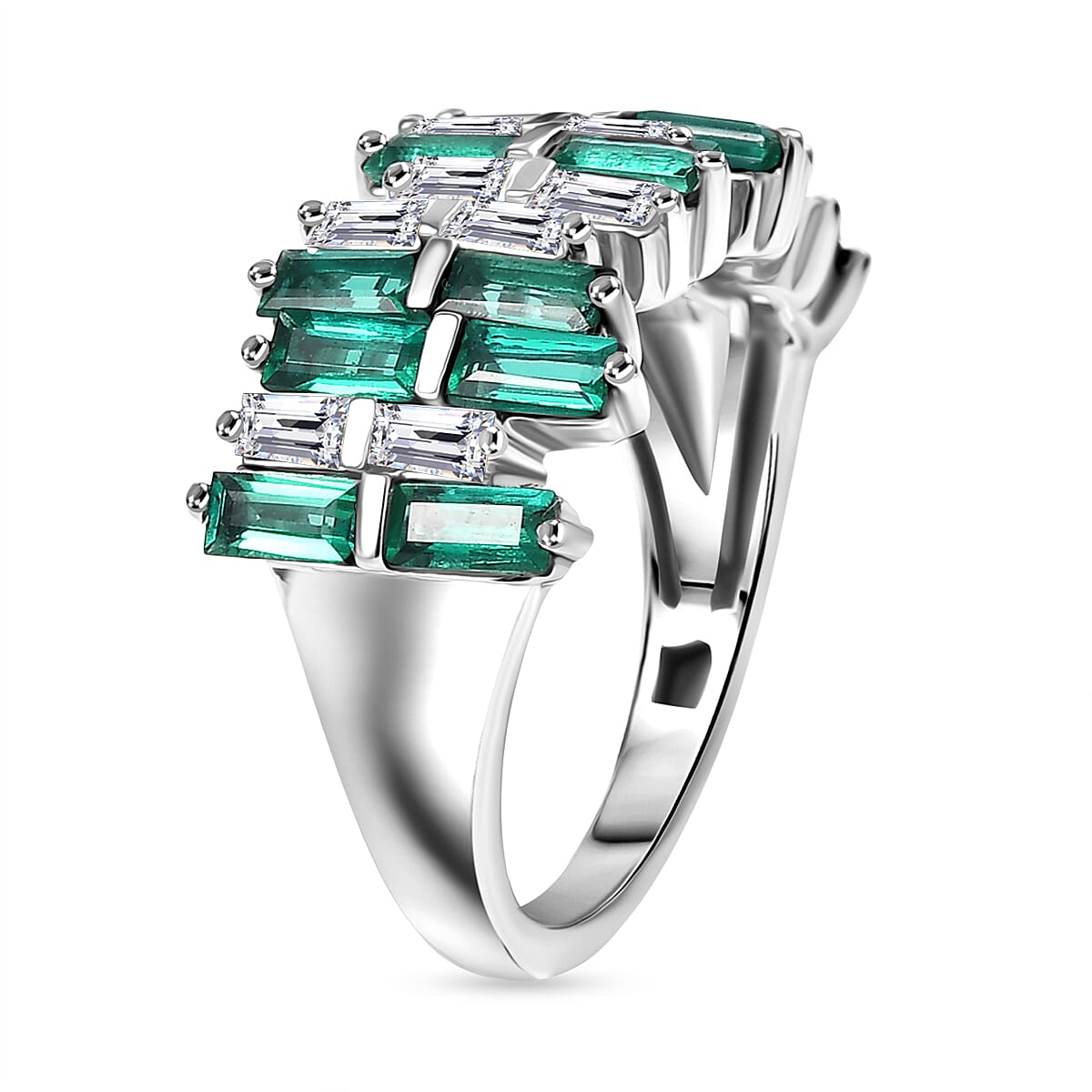 D'Joy 2.5 Ct. Lab Grown Emerald, Moissanite Multi Row Ring in Rhodium Overlay Sterling Silver 8251936 4