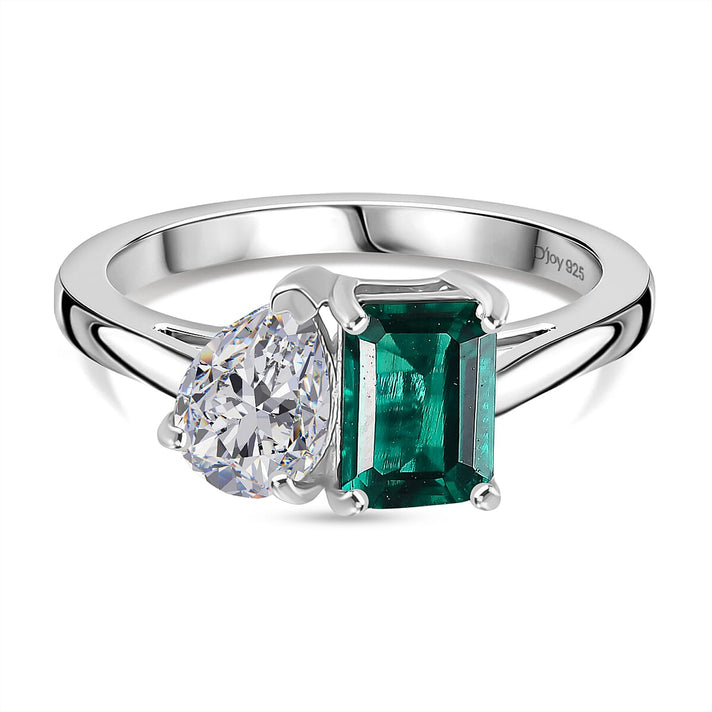 Toi Et Moi D'Joy Lab Grown Emerald, Moissanite Ring in Rhodium Overlay Sterling Silver 1.69 Ct. 8244393 1