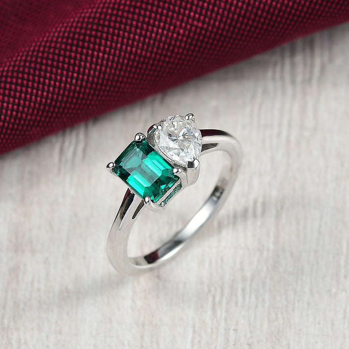 Toi Et Moi D'Joy Lab Grown Emerald, Moissanite Ring in Rhodium Overlay Sterling Silver 1.69 Ct. 8244393 2