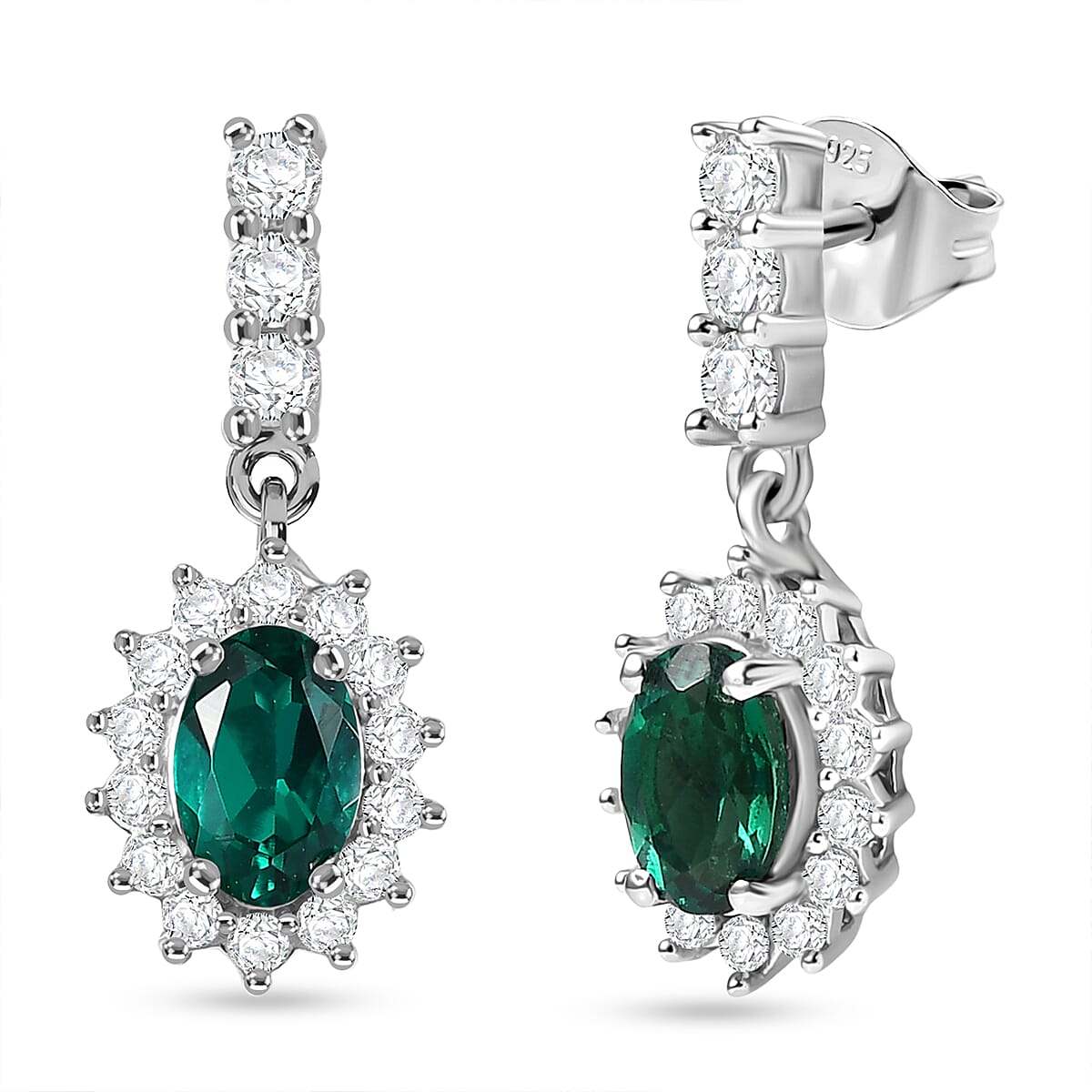 D'joy Lab Grown Emerald, White Zircon Dangling Halo Earring in Rhodium Overlay Sterling Silver 1.57 Ct. 8242244 0