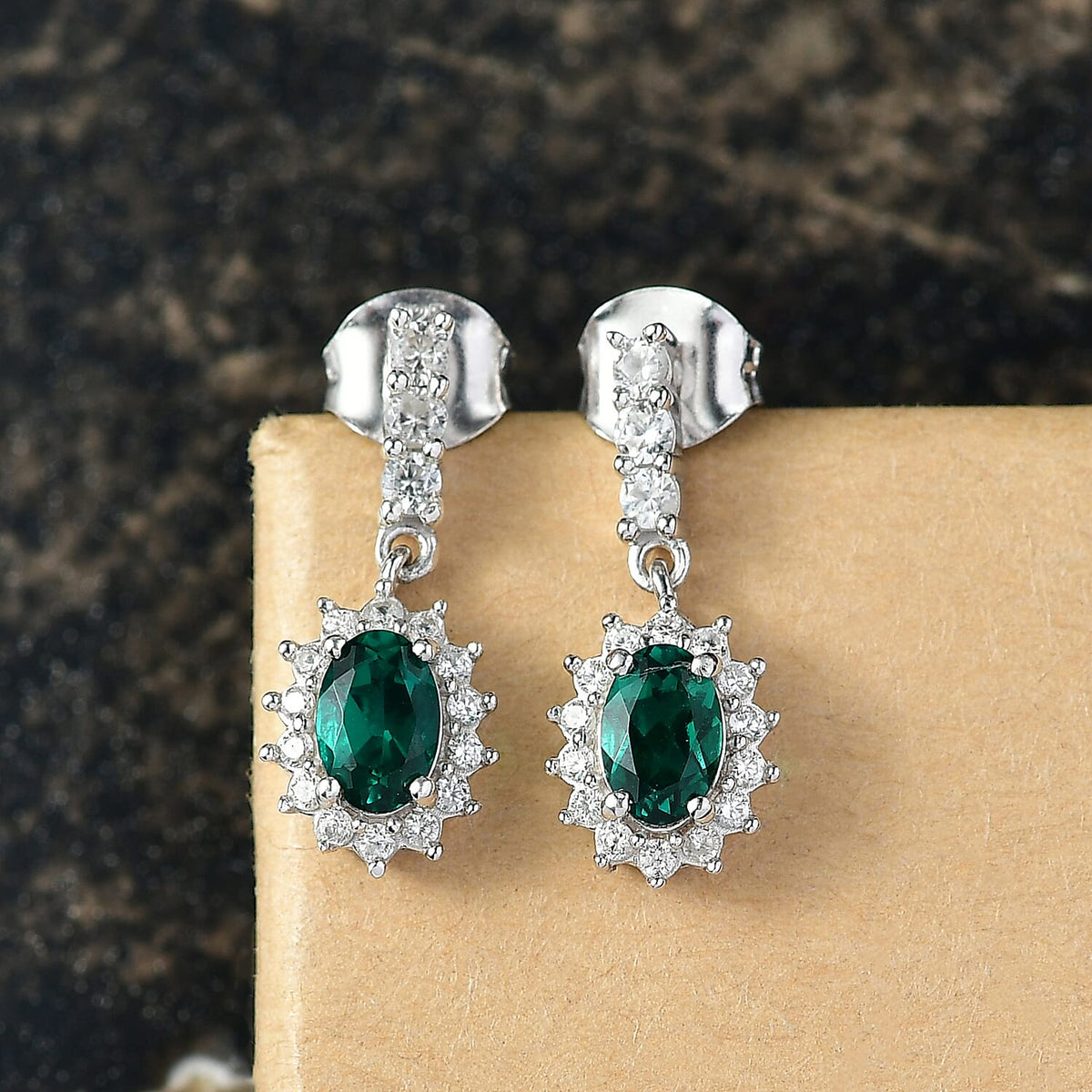 D'joy Lab Grown Emerald, White Zircon Dangling Halo Earring in Rhodium Overlay Sterling Silver 1.57 Ct. 8242244 2