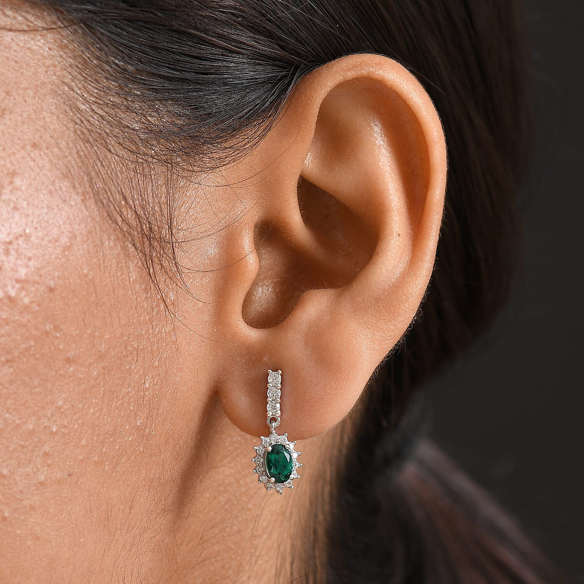 D'joy Lab Grown Emerald, White Zircon Dangling Halo Earring in Rhodium Overlay Sterling Silver 1.57 Ct. 8242244 3