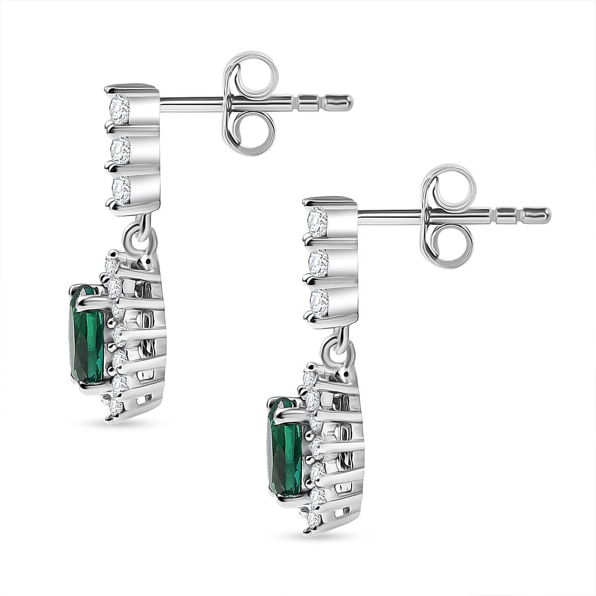 D'joy Lab Grown Emerald, White Zircon Dangling Halo Earring in Rhodium Overlay Sterling Silver 1.57 Ct. 8242244 4