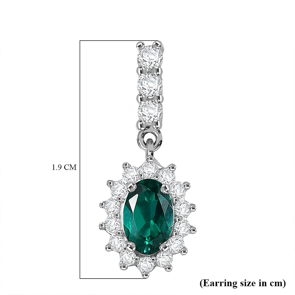 Lab Grown Emerald & White Zircon Dangling Earring in Rhodium Overlay Sterling Silver 1.57 Ct.