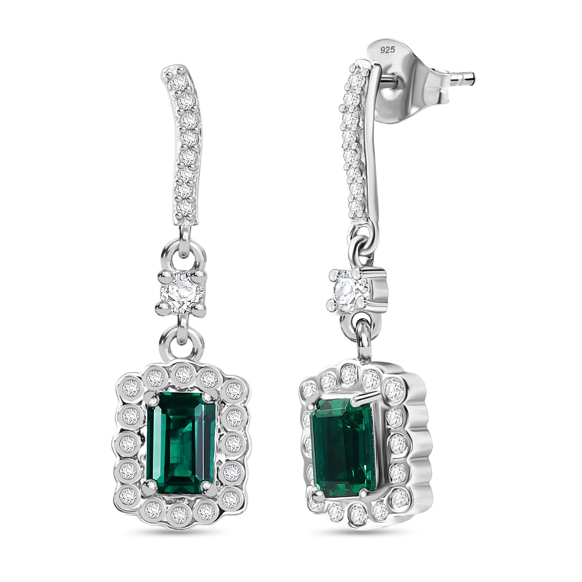 D'joy Lab Grown Emerald, White Zircon Dangling Halo Earring in Rhodium Overlay Sterling Silver 1.68 Ct. 8244411 0