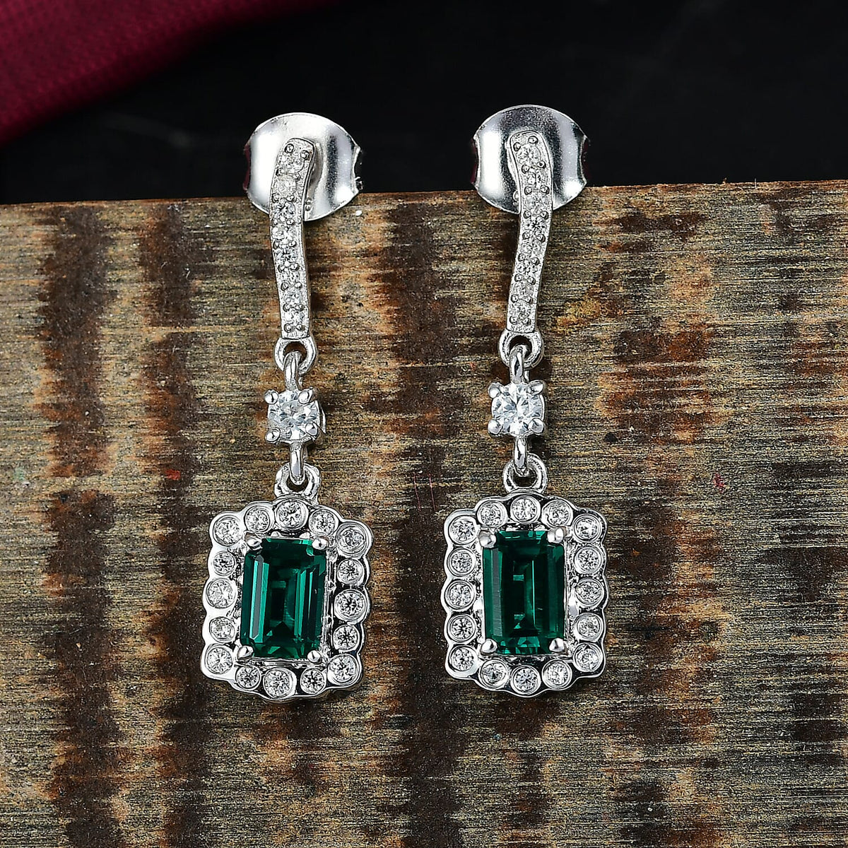 D'joy Lab Grown Emerald, White Zircon Dangling Halo Earring in Rhodium Overlay Sterling Silver 1.68 Ct. 8244411 2