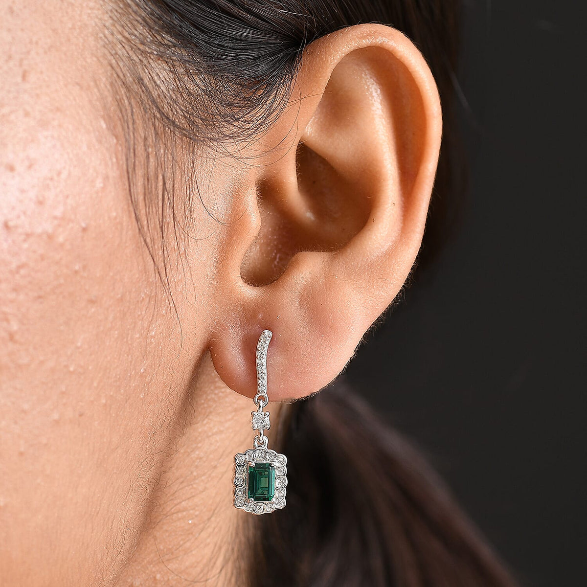 D'joy Lab Grown Emerald, White Zircon Dangling Halo Earring in Rhodium Overlay Sterling Silver 1.68 Ct. 8244411 3