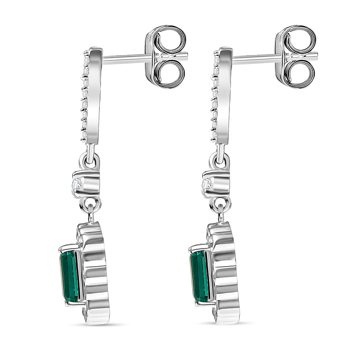 D'joy Lab Grown Emerald, White Zircon Dangling Halo Earring in Rhodium Overlay Sterling Silver 1.68 Ct. 8244411 4