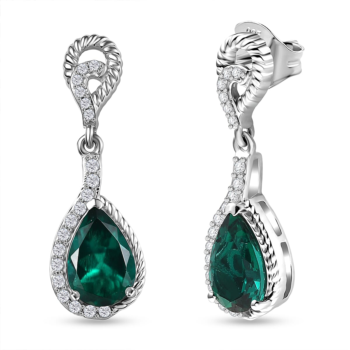 D'joy Lab Grown Emerald, White Zircon Dangling Teardrop Earring in Rhodium Overlay Sterling Silver 2.62 Ct. 8244412 0