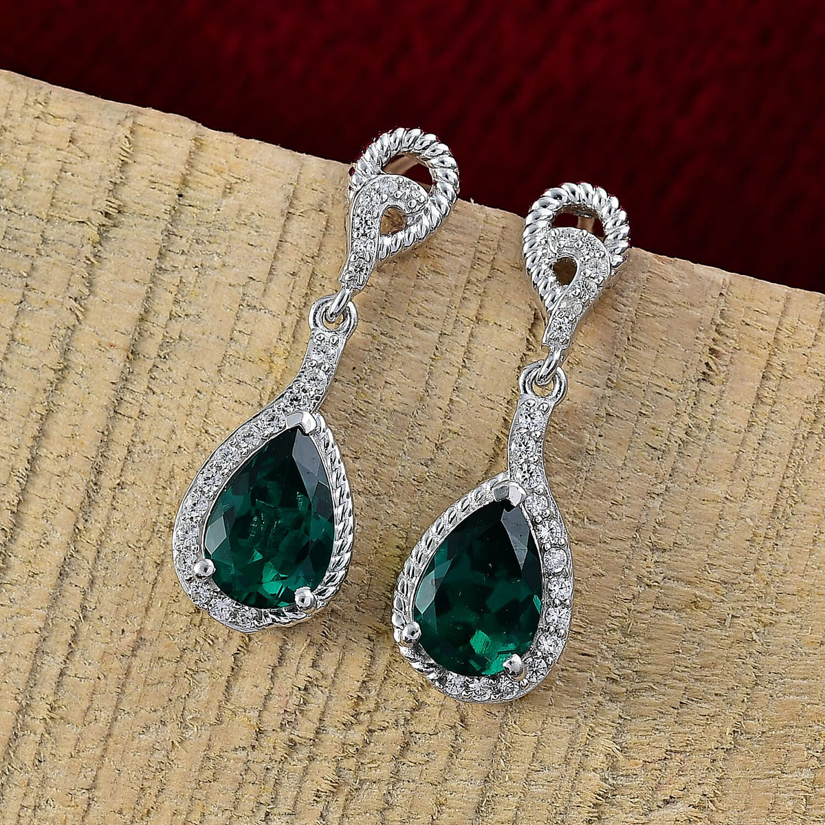 D'joy Lab Grown Emerald, White Zircon Dangling Teardrop Earring in Rhodium Overlay Sterling Silver 2.62 Ct. 8244412 2