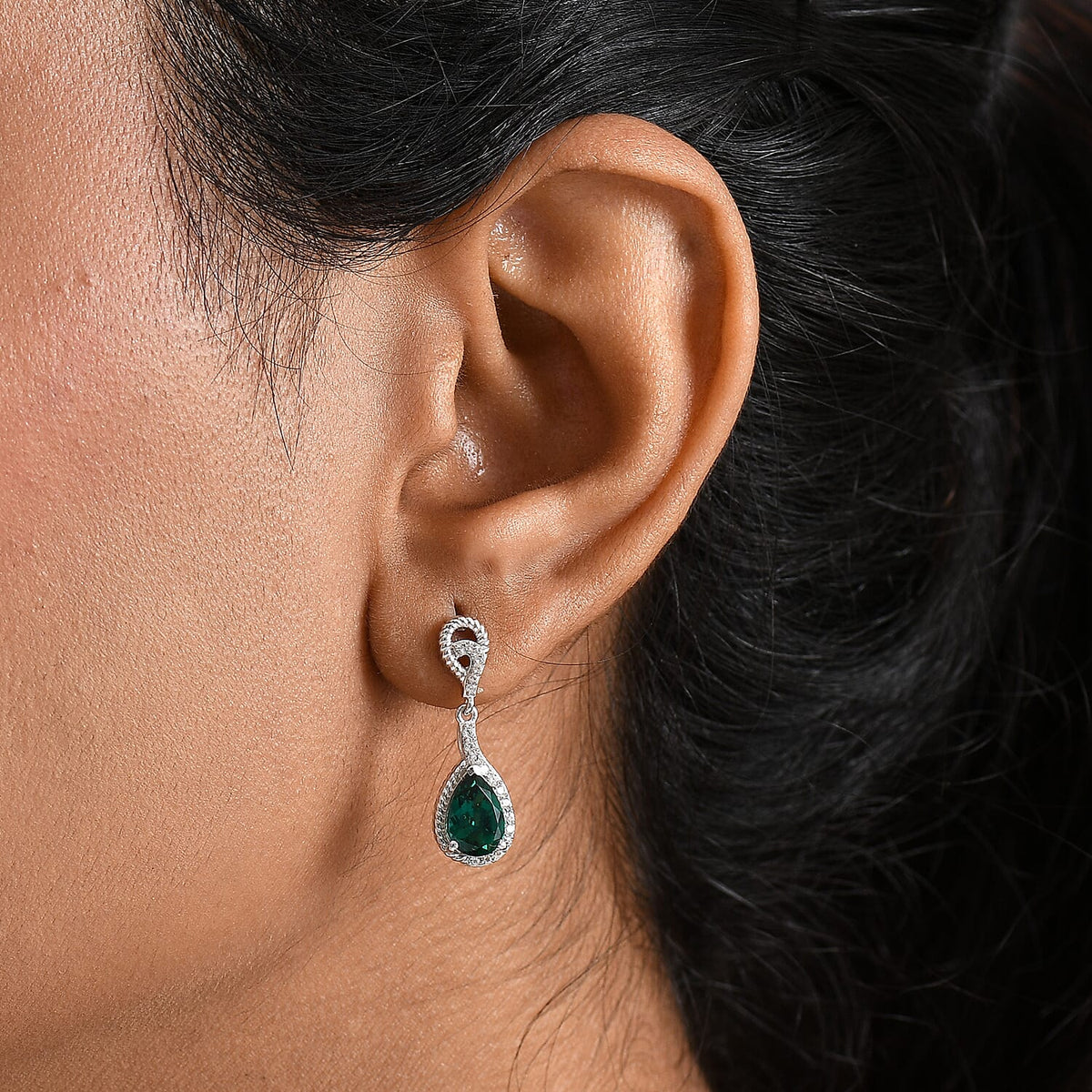 D'joy Lab Grown Emerald, White Zircon Dangling Teardrop Earring in Rhodium Overlay Sterling Silver 2.62 Ct. 8244412 3