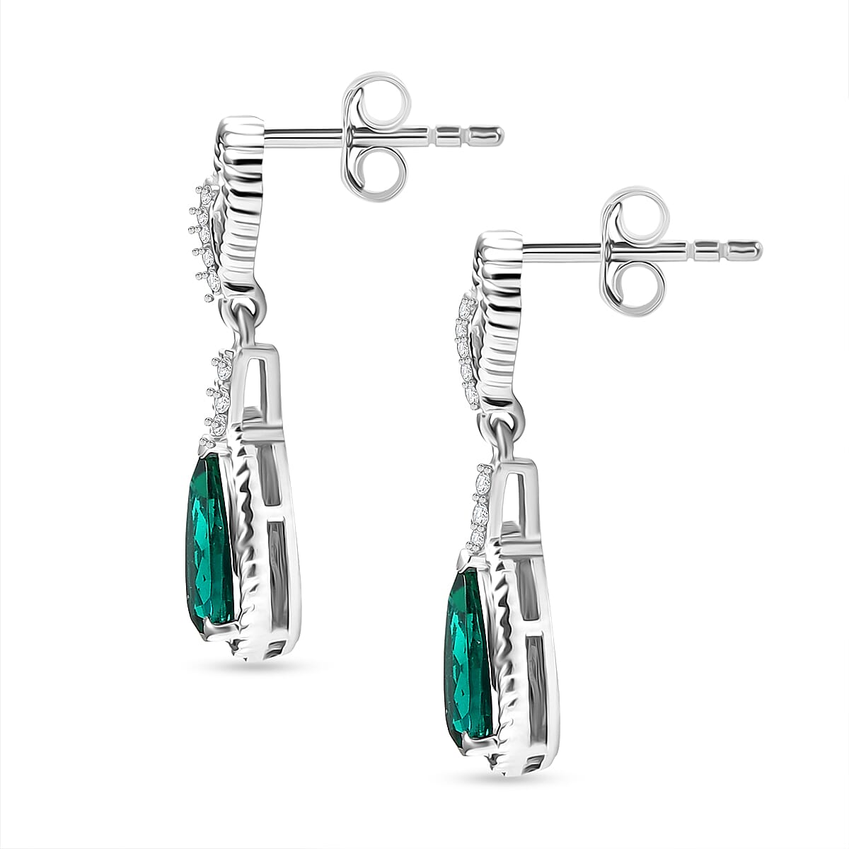 D'joy Lab Grown Emerald, White Zircon Dangling Teardrop Earring in Rhodium Overlay Sterling Silver 2.62 Ct. 8244412 4
