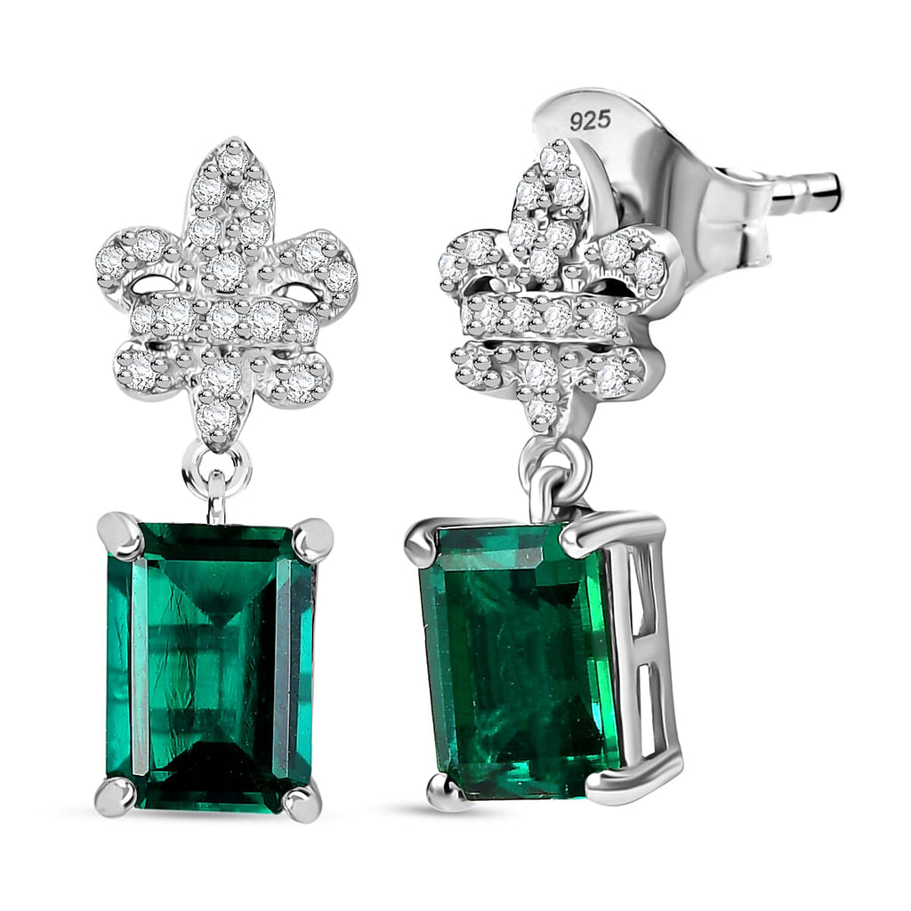 D'joy Lab Grown Emerald, White Zircon Dangling Earring in Rhodium Overlay Sterling Silver 2.05 Ct.