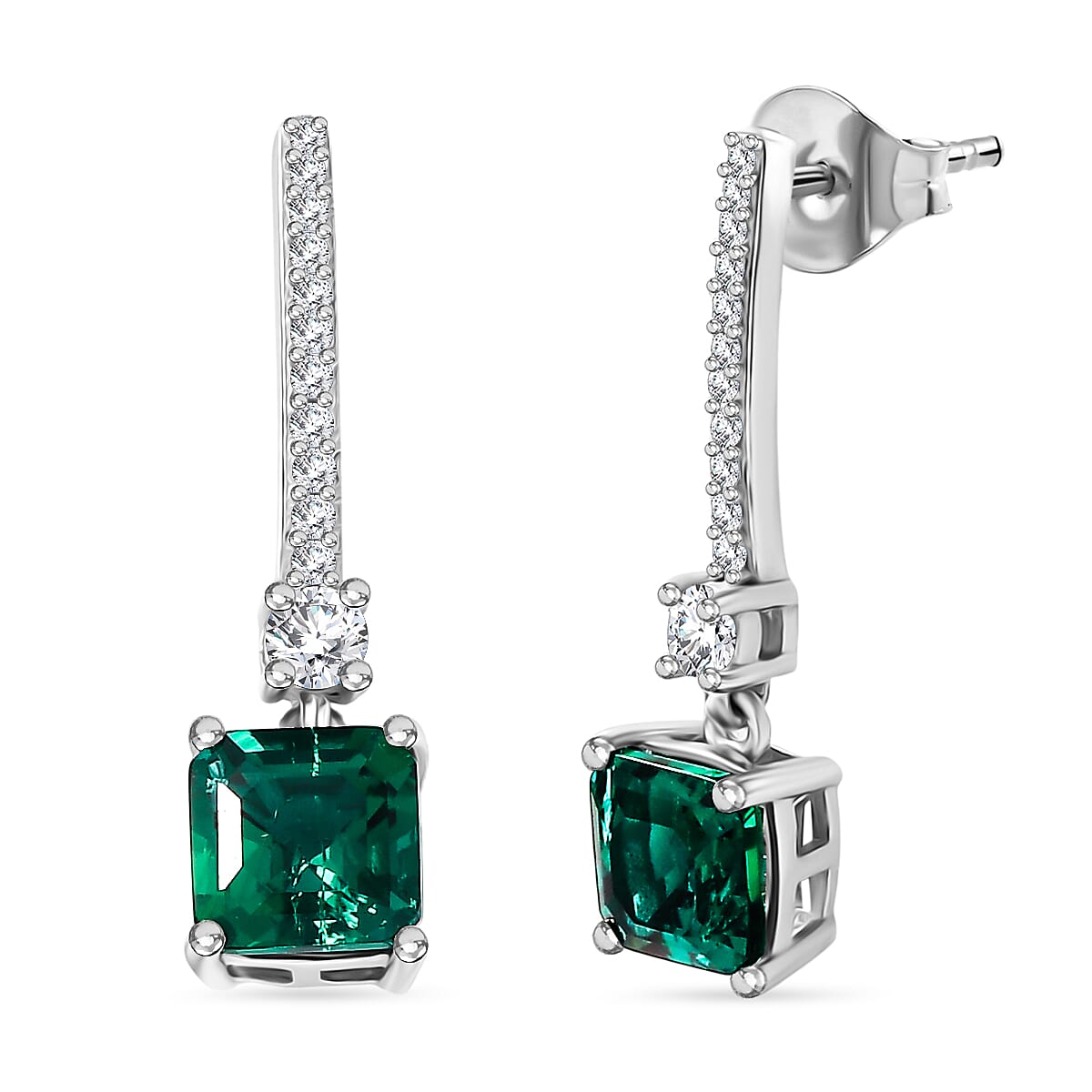 D'joy Lab Grown Emerald, White Zircon Dangling Earring in Rhodium Overlay Sterling Silver 2.06 Ct. 8246013 0