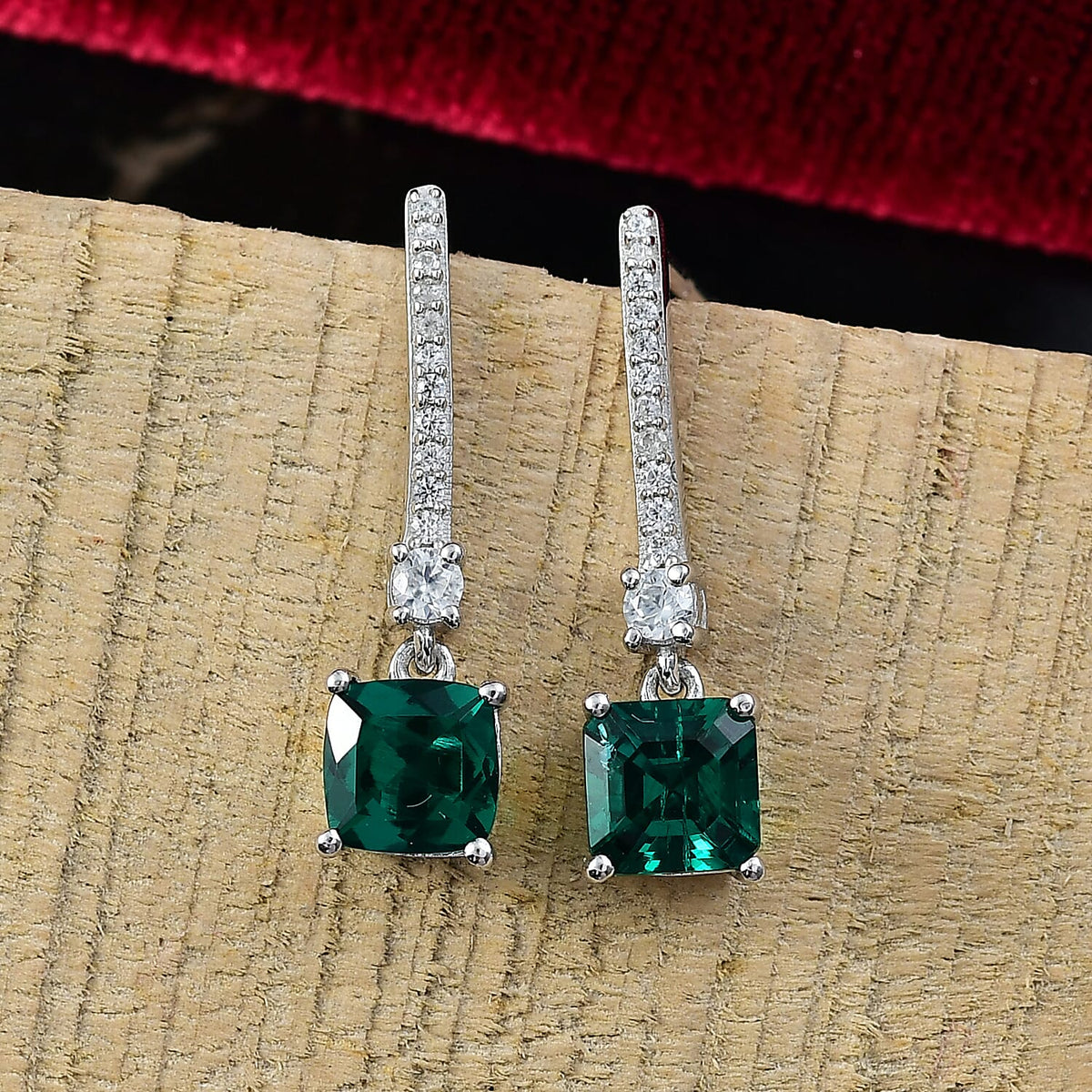 D'joy Lab Grown Emerald, White Zircon Dangling Earring in Rhodium Overlay Sterling Silver 2.06 Ct. 8246013 2
