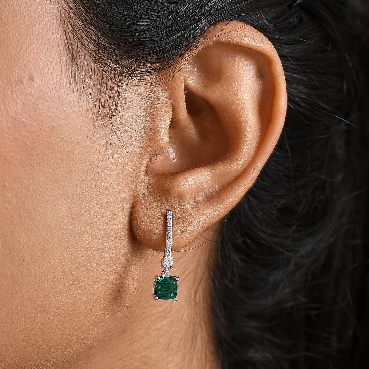 D'joy Lab Grown Emerald, White Zircon Dangling Earring in Rhodium Overlay Sterling Silver 2.06 Ct. 8246013 3