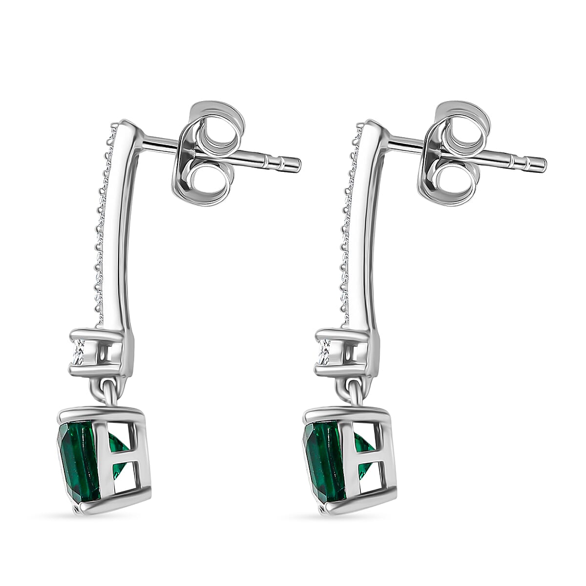 D'joy Lab Grown Emerald, White Zircon Dangling Earring in Rhodium Overlay Sterling Silver 2.06 Ct. 8246013 4