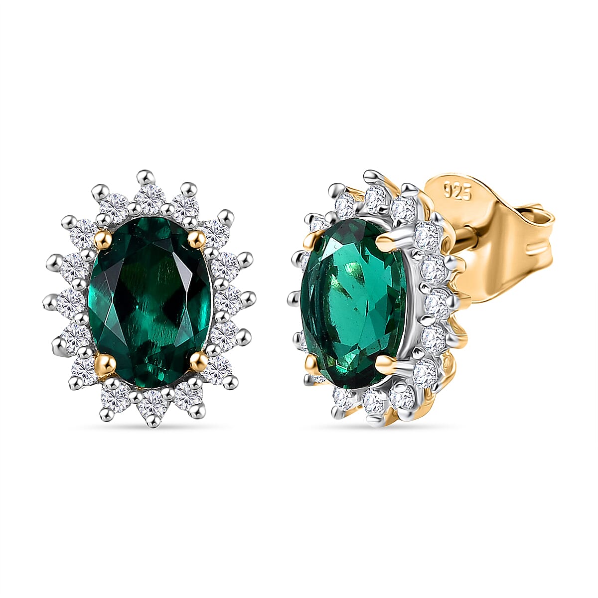 D'joy Lab Grown Emerald, White Zircon Halo Earring in Yellow Gold Plated Sterling Silver 1.69 Ct. V32738799 0