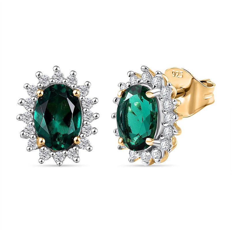 D'joy Lab Grown Emerald, White Zircon Halo Earring in Yellow Gold Plated Sterling Silver 1.69 Ct.