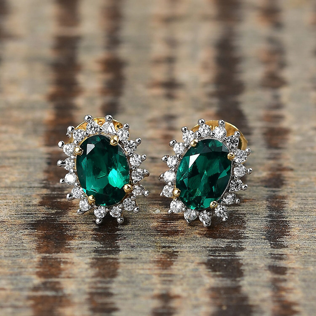 D'joy Lab Grown Emerald, White Zircon Halo Earring in Yellow Gold Plated Sterling Silver 1.69 Ct. V32738799 2