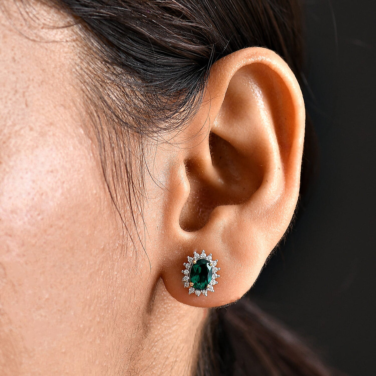 D'joy Lab Grown Emerald, White Zircon Halo Earring in Yellow Gold Plated Sterling Silver 1.69 Ct. V32738799 3