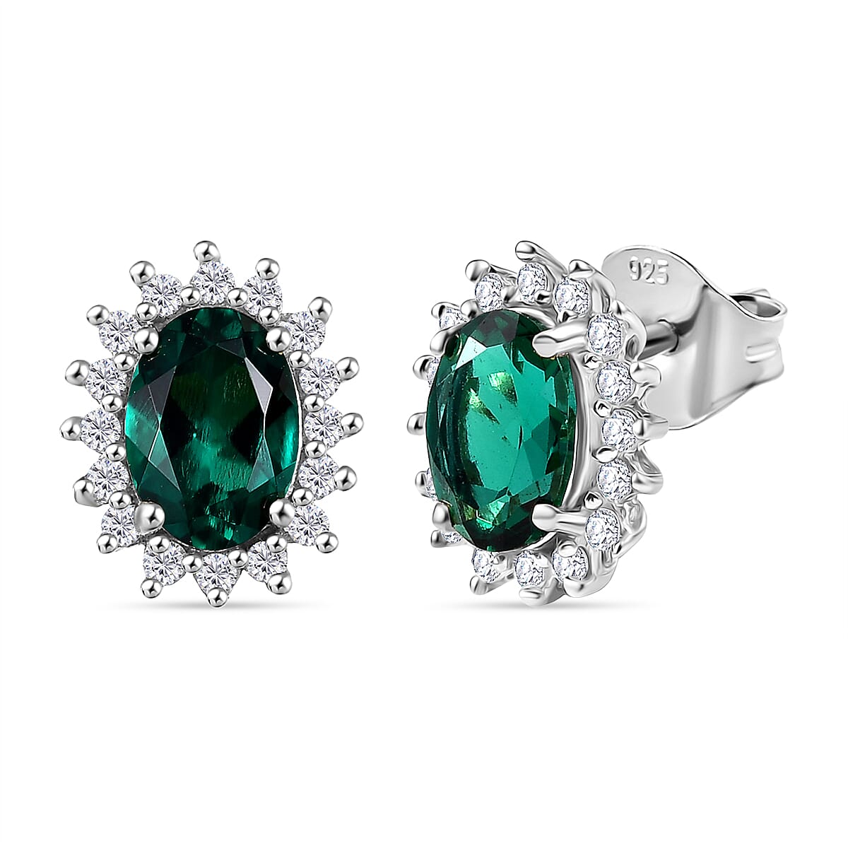 D'joy Lab Grown Emerald, White Zircon Halo Earring in Platinum Overlay Sterling Silver 1.69 Ct. 8239346 0