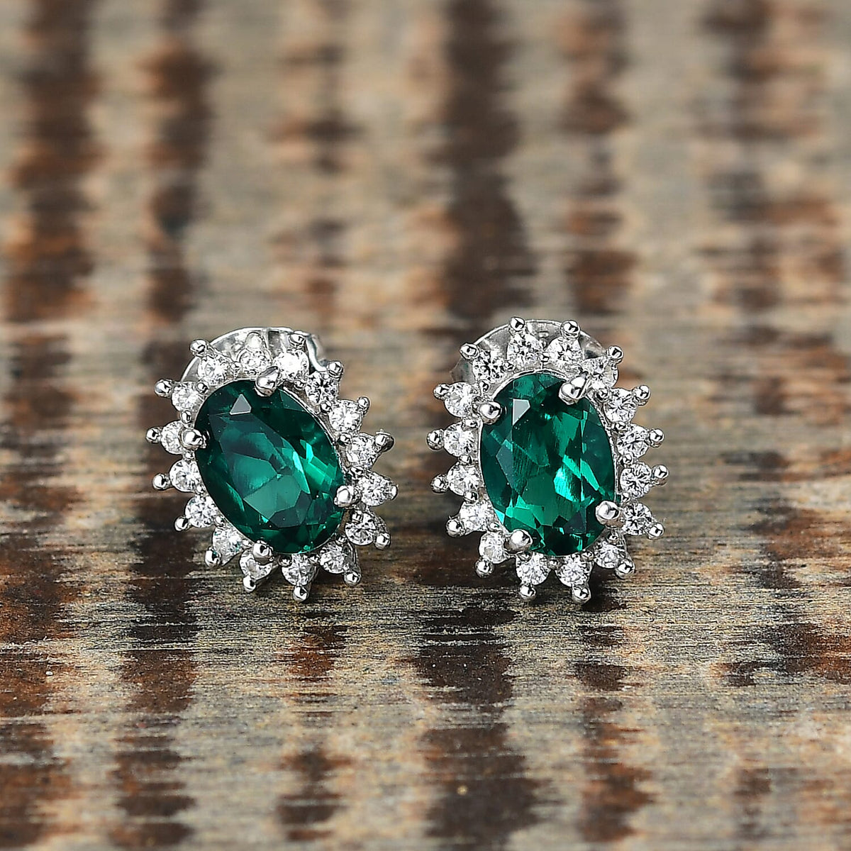 D'joy Lab Grown Emerald, White Zircon Halo Earring in Platinum Overlay Sterling Silver 1.69 Ct. 8239346 2