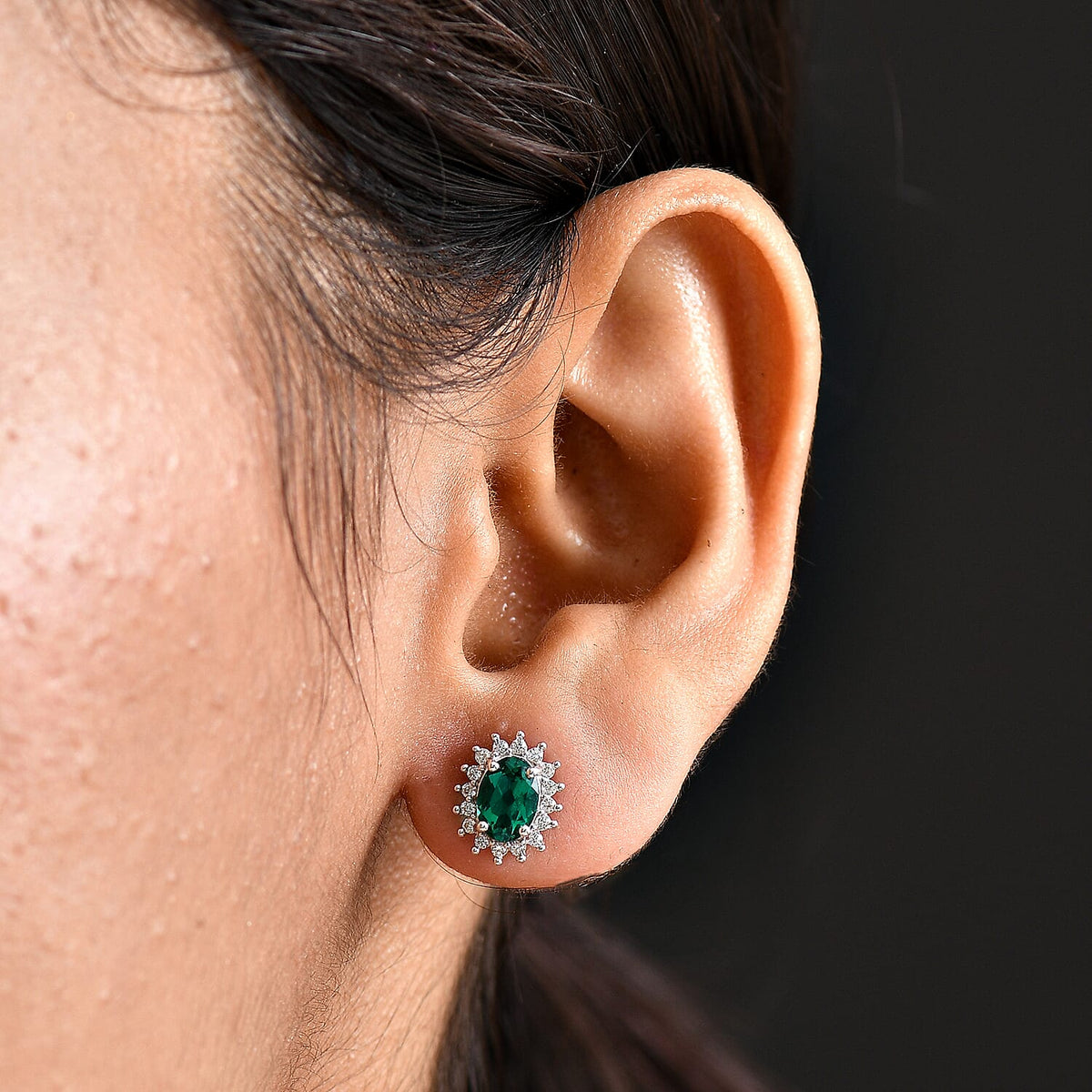 D'joy Lab Grown Emerald, White Zircon Halo Earring in Platinum Overlay Sterling Silver 1.69 Ct. 8239346 3