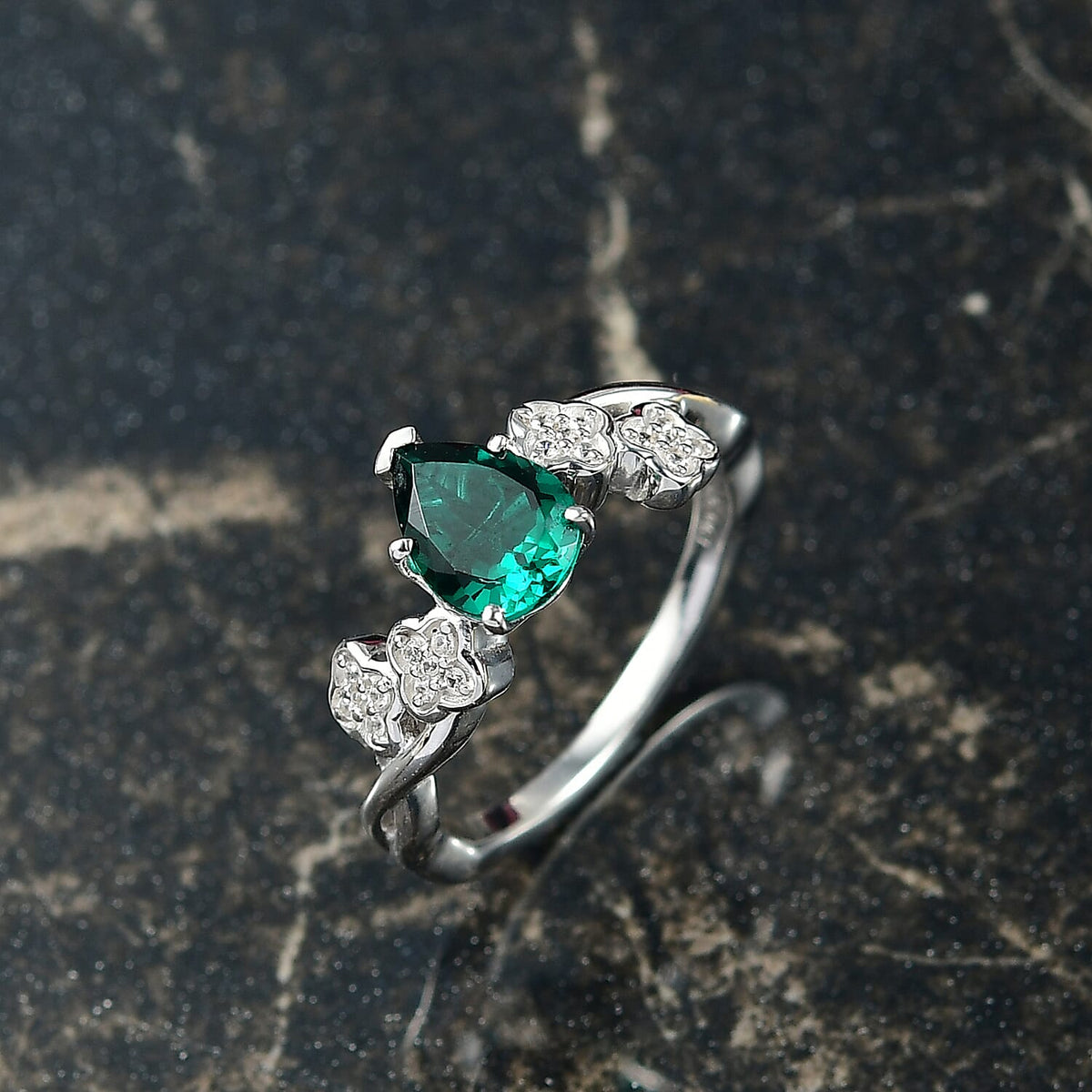 D'Joy Lab Grown Emerald, White Zircon Ring in Rhodium Overlay Sterling Silver 1.16 Ct. V32639010 2