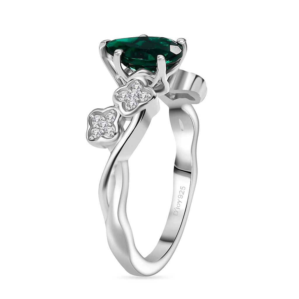 Lab Grown Emerald & White Zircon Ring in Rhodium Overlay Sterling Silver 1.16 Ct.