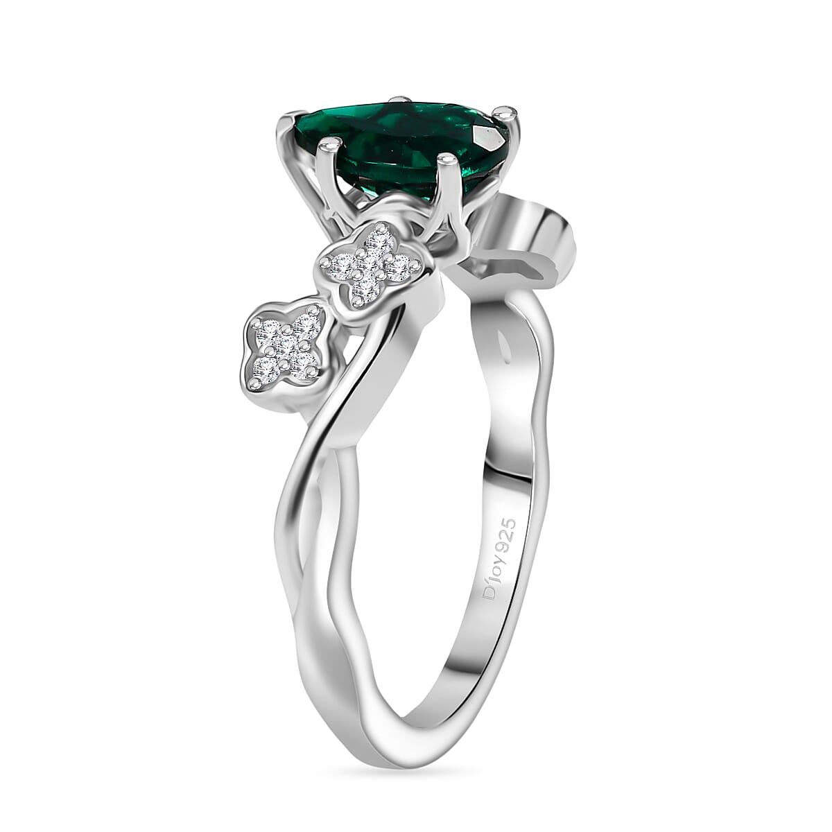 D'Joy Lab Grown Emerald, White Zircon Ring in Rhodium Overlay Sterling Silver 1.16 Ct. V32639010 4