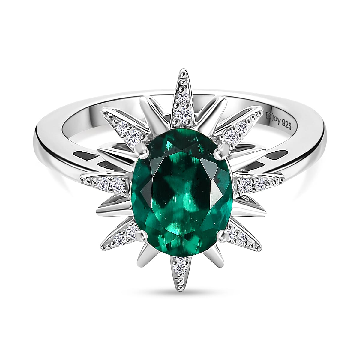 LUXURIANT Lab Grown Emerald, White Zircon Starburst Ring in Rhodium Overlay Sterling Silver 1.75 Ct. 8245469 0