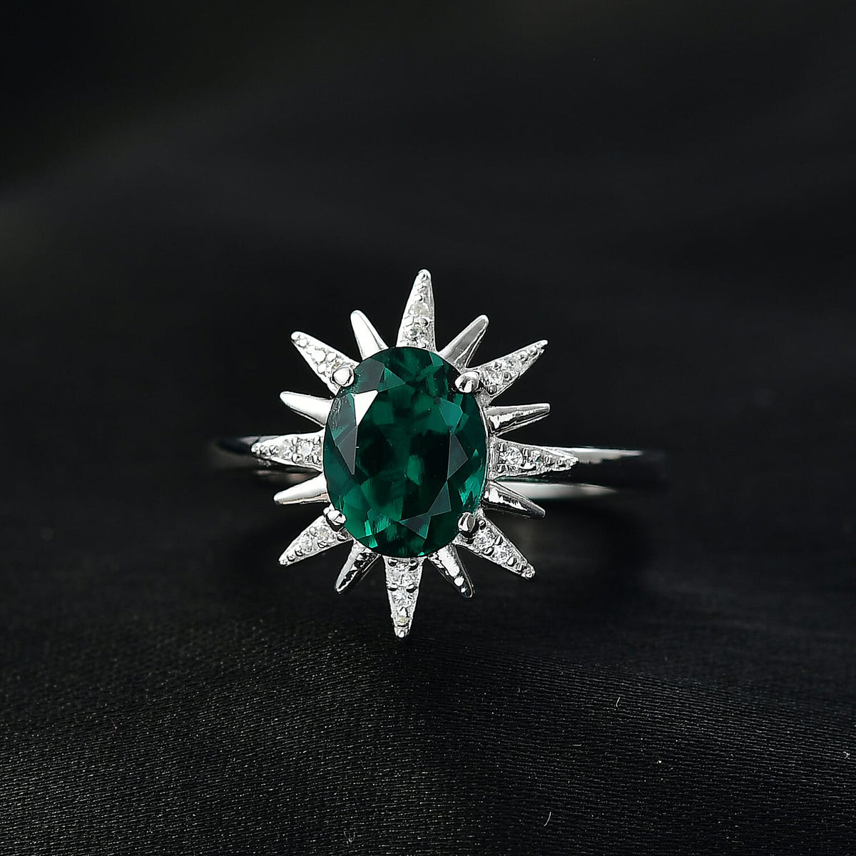 LUXURIANT Lab Grown Emerald, White Zircon Starburst Ring in Rhodium Overlay Sterling Silver 1.75 Ct. 8245469 2