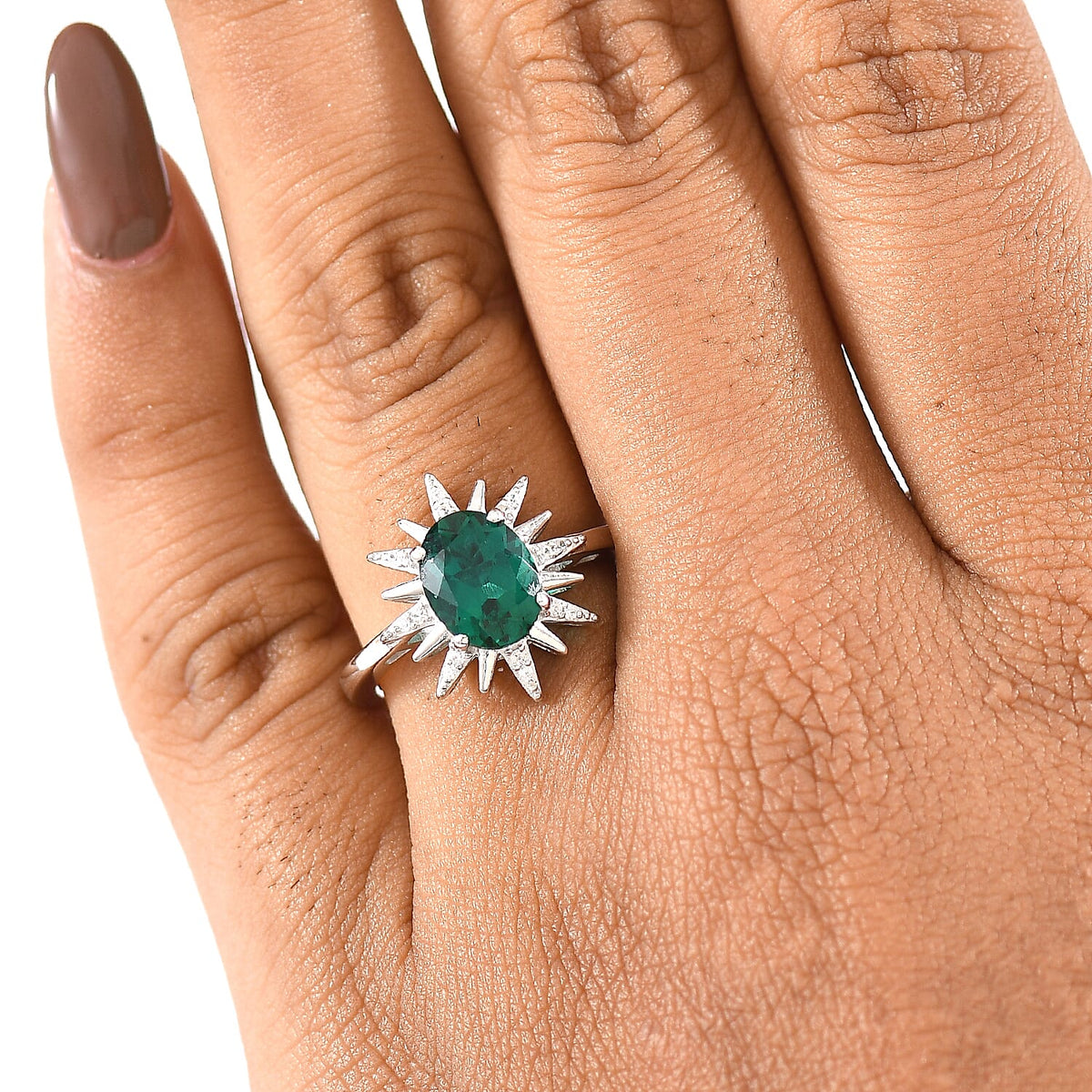 LUXURIANT Lab Grown Emerald, White Zircon Starburst Ring in Rhodium Overlay Sterling Silver 1.75 Ct. 8245469 3